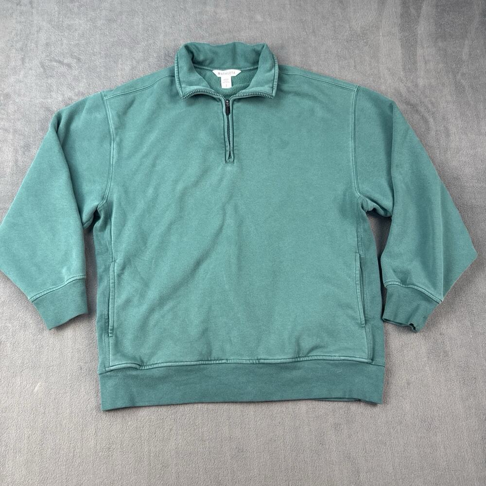 Athleta Sweatshirt Womens Small Green Mock Neck 1/4 Zip Fleece Pullover Pockets